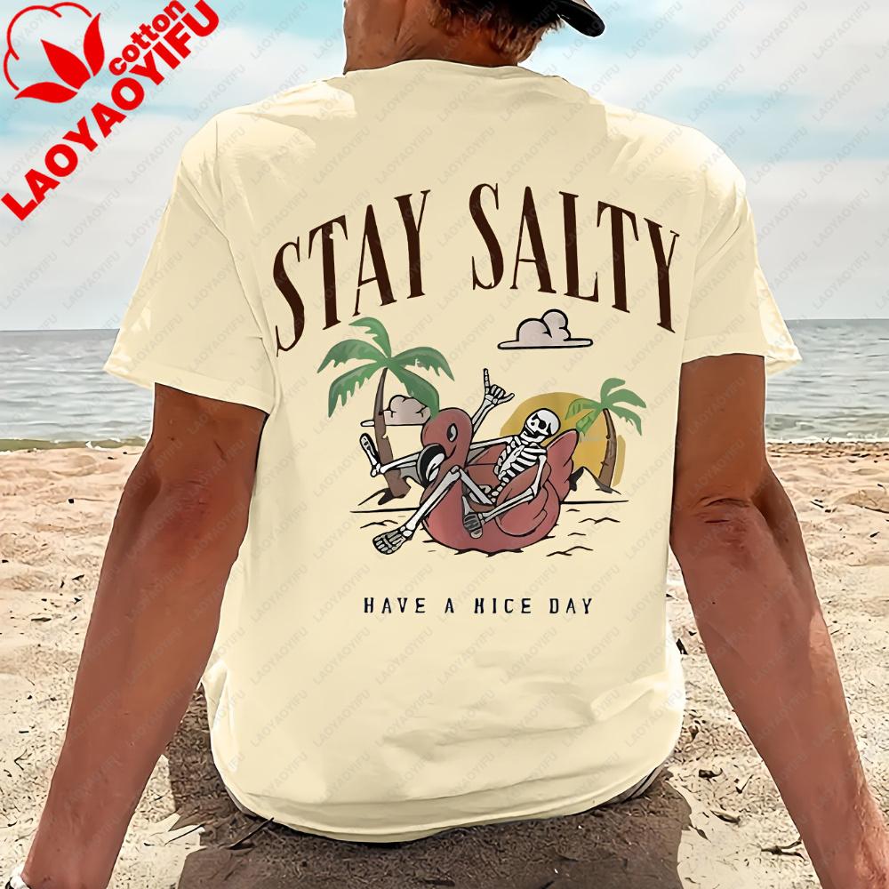 Keep Salty Skull Pattern Unisexs Summer Pure Cotton Fashionable Summer Beach Pattern Loose Casual Sports Short Sleeved Tshirt