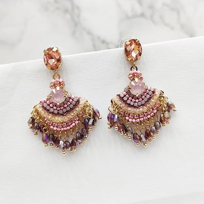 Ethnic Retro Handmade Colored Beaded Fan-Shaped Fringed Earrings Bohemian Stud Earrings