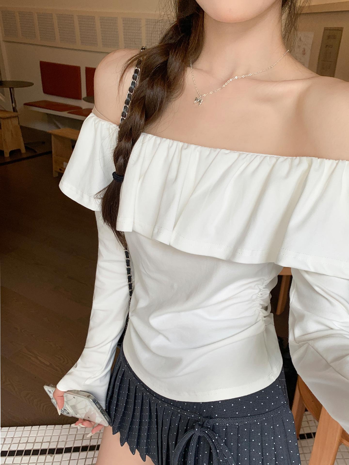 

Sweet lotus leaf collar one-word shoulder long-sleeved t-shirt women s autumn bottoming shirt slim-fitting and thin chic top S грязно-белый
