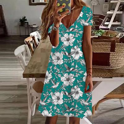 Letnia Moda Damska Sukienka z Dekoltem V i Krótkim Rękawem z Nadrukiem Pomarańczowych Róż Seksi Sukienka