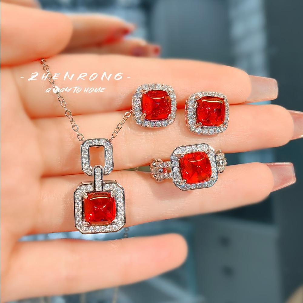 Fashion Women Jewelry Set Elegant Candy Tower Ring High Carbon Diamond Necklace Ruby Stud Earrings Luxury Gift