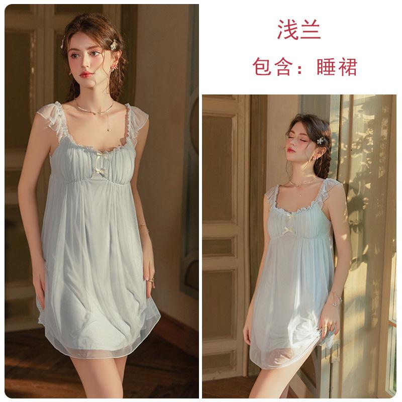 Women's Mesh Bow Deep V Low Cut Push Up Removable Pads Sleep Dress Lounge Set