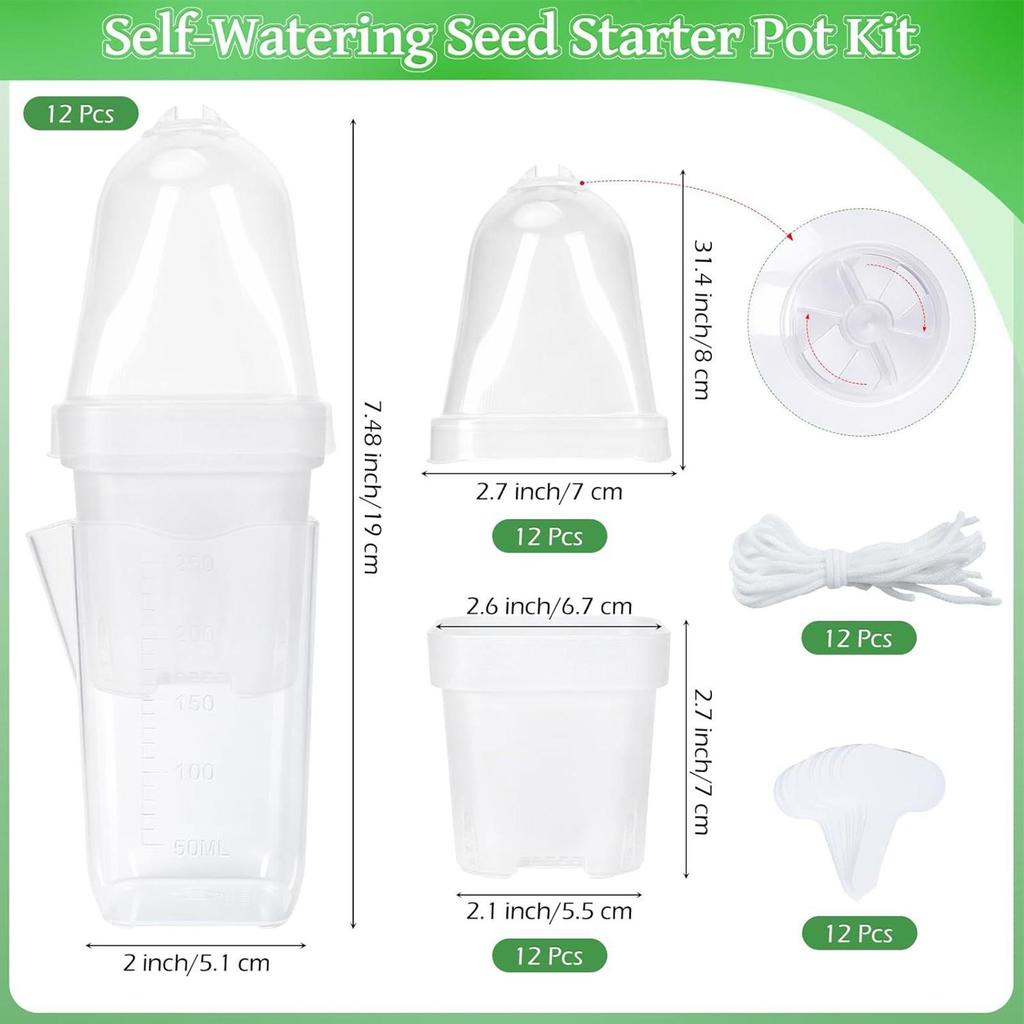 Self Watering Pots 12pcs 2inch Clear Plant Pots with Humidity Dome Adjustable Vent and 150ml Reservoir for Seedlings Propagation