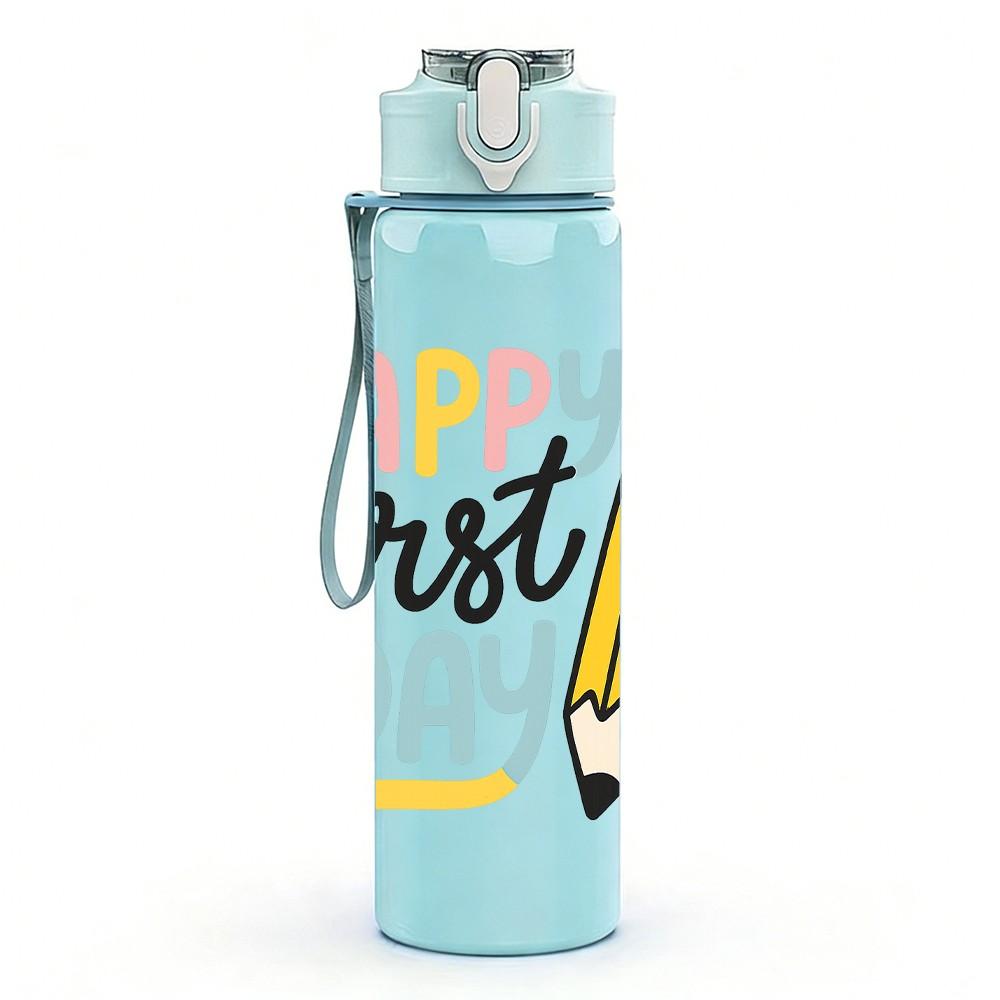 1PC Happy First Day Pencil Pattern 750ml Color Plastic Sports Water Bottle Leakproof Flip Straw Lid Suitable for Sports Office Home Use