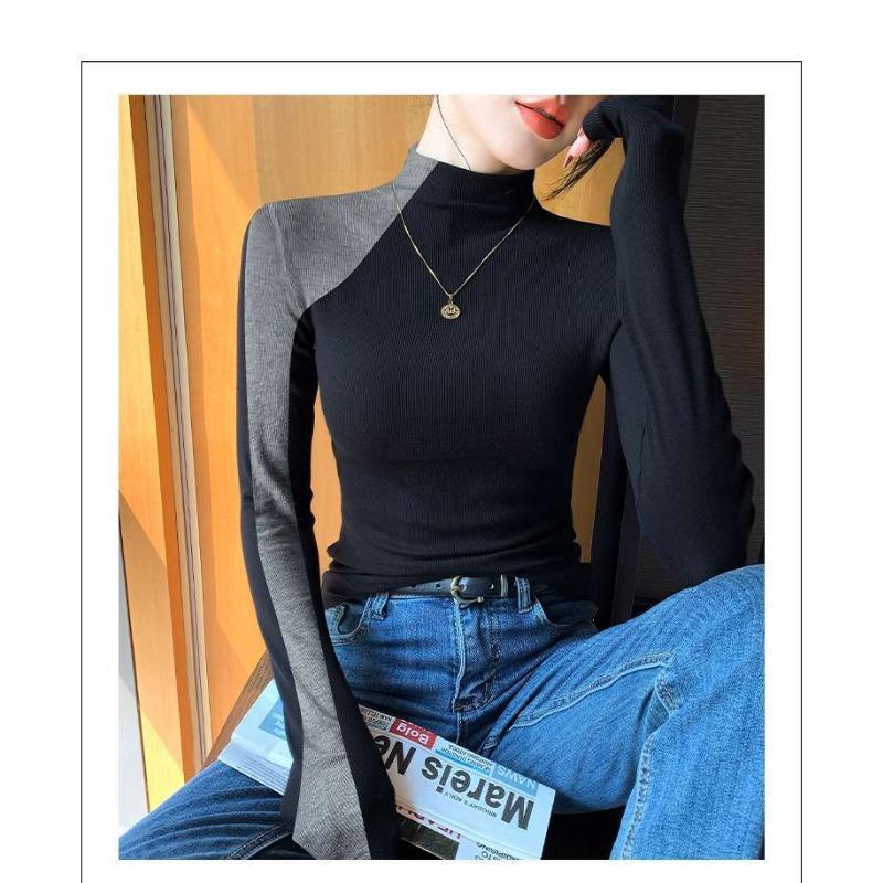 Damen Neues Halbrollkragen-Unterhemd Herbst Winter Langärmeliges Slim-Fit Patchwork-Oberteil