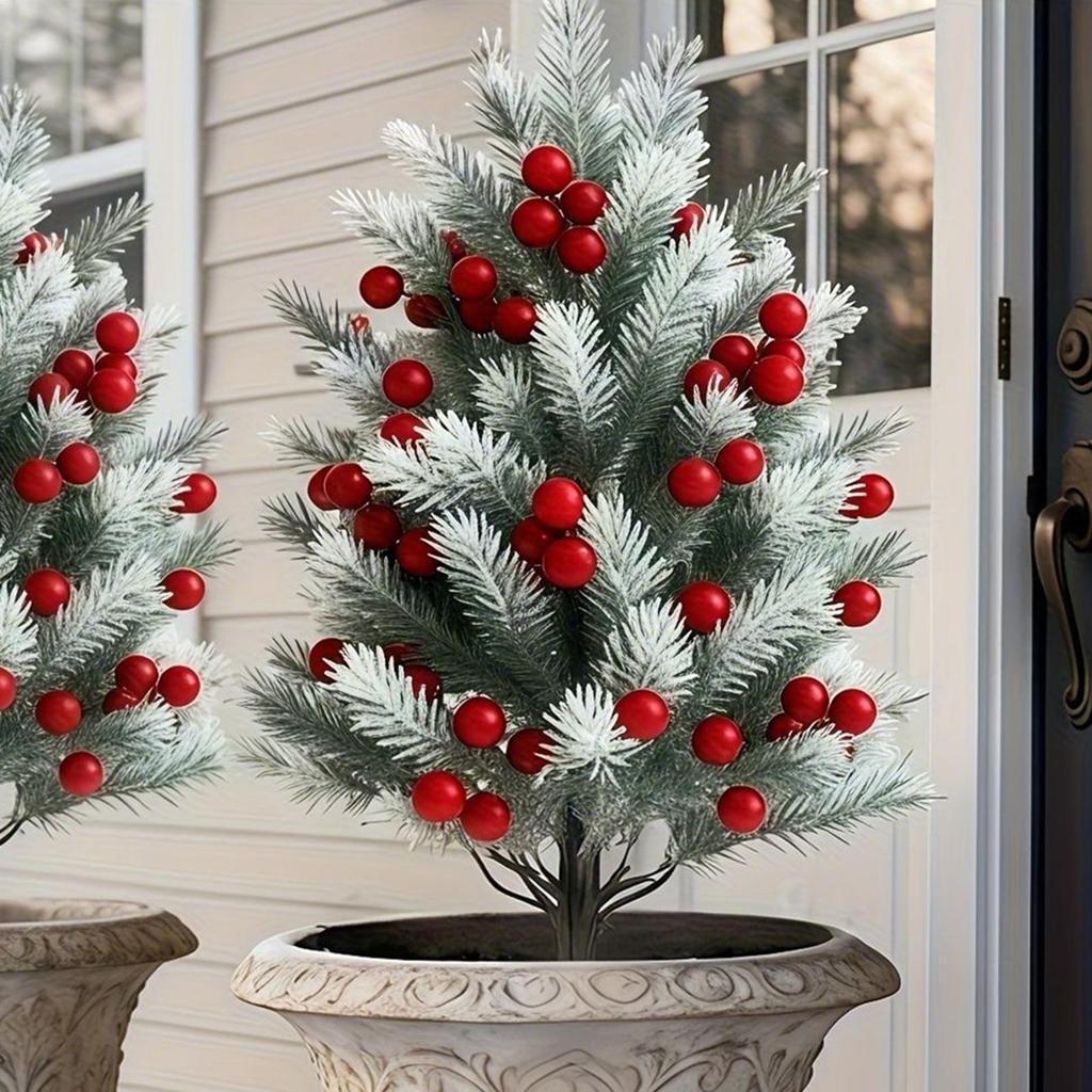 Faux Cedar Trees 22 Inch Realistic Greenery Faux Tree Outdoor With Red Berries For Yard Lawn Patio Porch Pathway Planter Flower