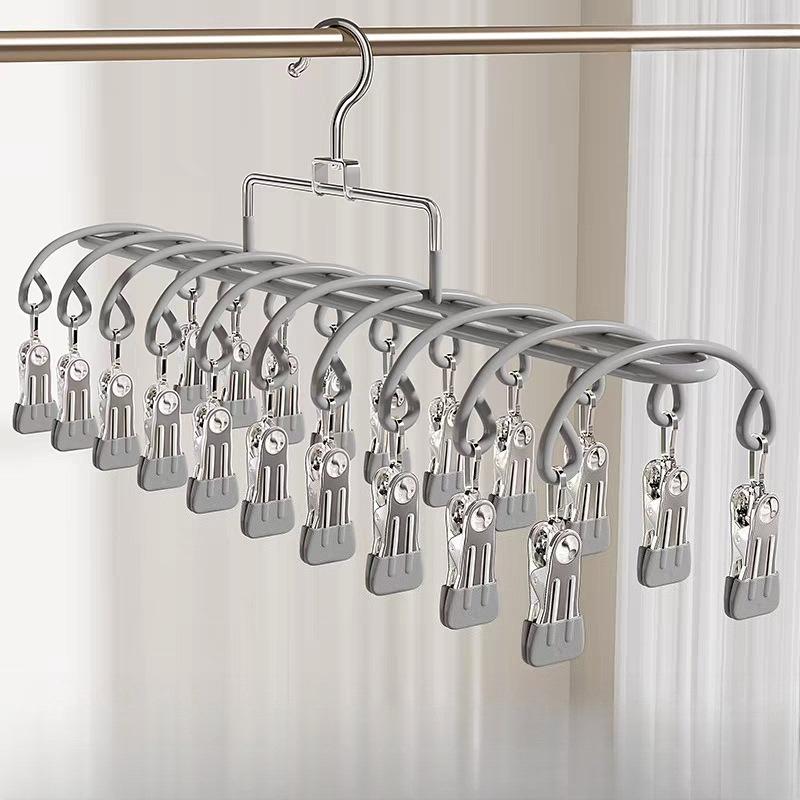 20 Clip Stainless Steel Laundry Hanger Multi Functional Drying Rack Socks and Underwear Windproof and Anti Slip Multi Clip Drying Rack серый