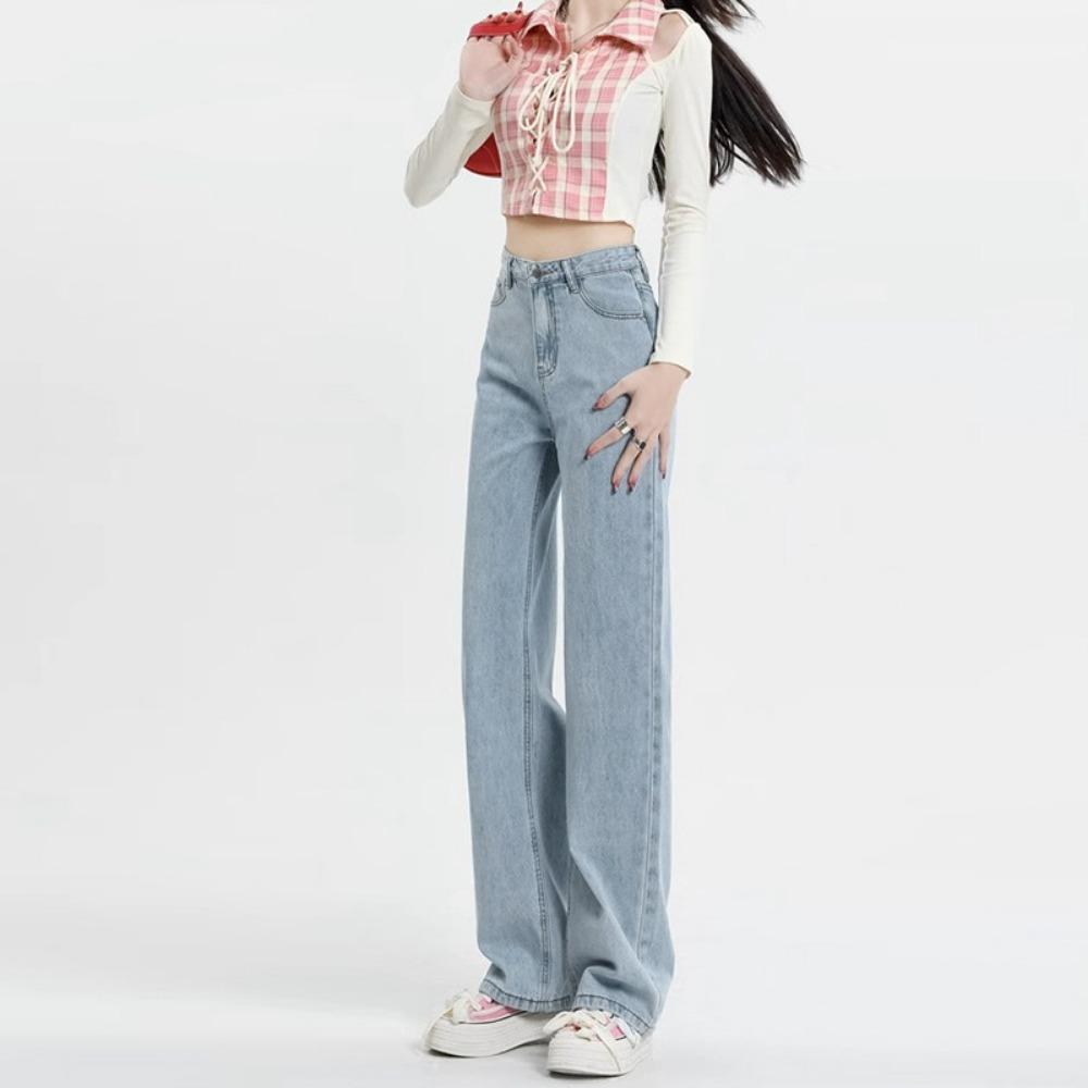 Personalizované džíny s vysokým pasem a širokými nohavicemi dámské nové volné a tenké všestranné korejské verze vertikálních rovných kalhot sahajících až na zem