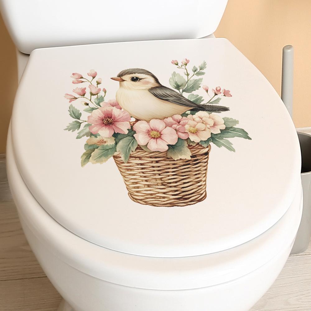 Cartoon Green Leaf Flower Basket Little Bird Bathroom Toilet and Home Beautification Stickers