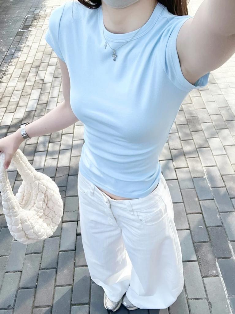 Ins Commuter Light Blue Waist T-Shirt Women's Summer Front Shoulder Skinny Top Versatile Crew Neck Bottom Shirt Short Sleeve