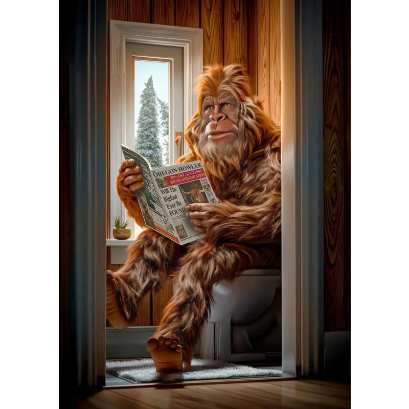 Modern Lion Dog Highland Sitting On Toilet Reading Newspaper Poster Funny Animal Print Canvas Painting Bathroom Decor Picture