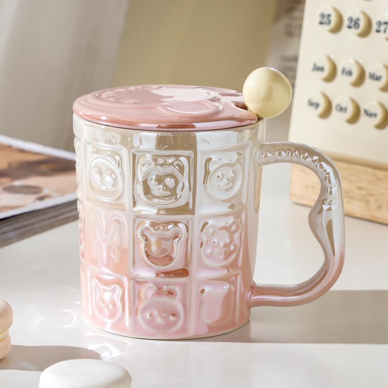 

Cute Cartoon Animal Mug with Lid Spoon Electroplated Cream Ceramic Cup Creative Coffee Water Cup for Girls Home Use 400ml