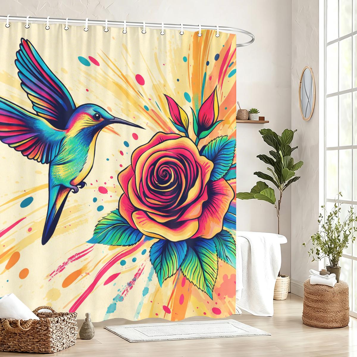 

Vibrant Themed Polyester Shower Curtains - 2D Printed Decorative Bathroom Curtains With Flamingo, Tower & Hummingbird Designs W60H190(CM)-1 Pcs