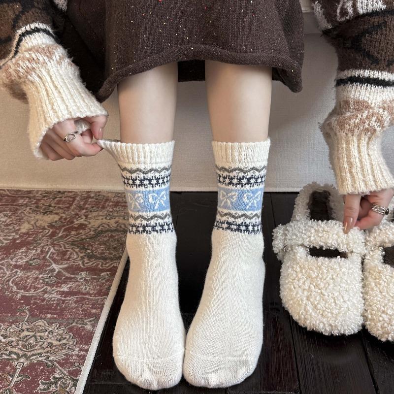 Winter and Autumn Wool Socks - Children's Fel Island Bow Tie Mid-length Socks, Warm and Retro Marbled Ribbed Pile Socks