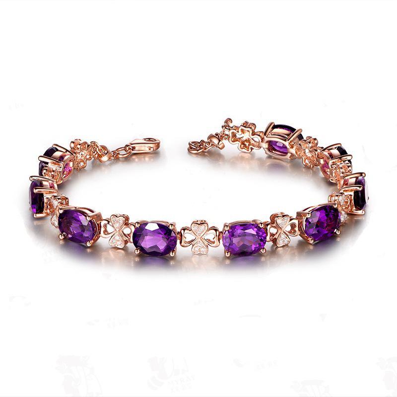 

Luxurious 18k Gold-Plated Amethyst Four-Leaf Clover Bracelet with Colorful Gemstones