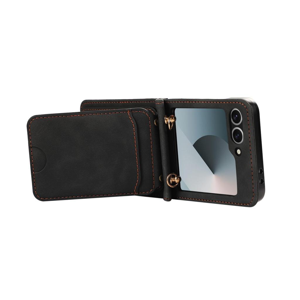 For Samsung Galaxy Z Flip7 FE 5G/Z Flip6 5G Case Card Holder Kickstand Leather + TPU Phone Cover with Shoulder Strap