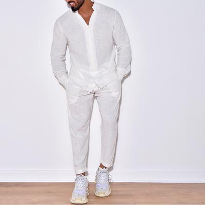 Completi da Uomo in Lino a 2 Pezzi Camicia a Maniche Lunghe con Bottoni e Pantaloni con Vita Elasticizzata