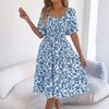 Women's Fashionable Floral Print Square Collar  Short Sleeved Dress With Large Skirt And Loose Fit