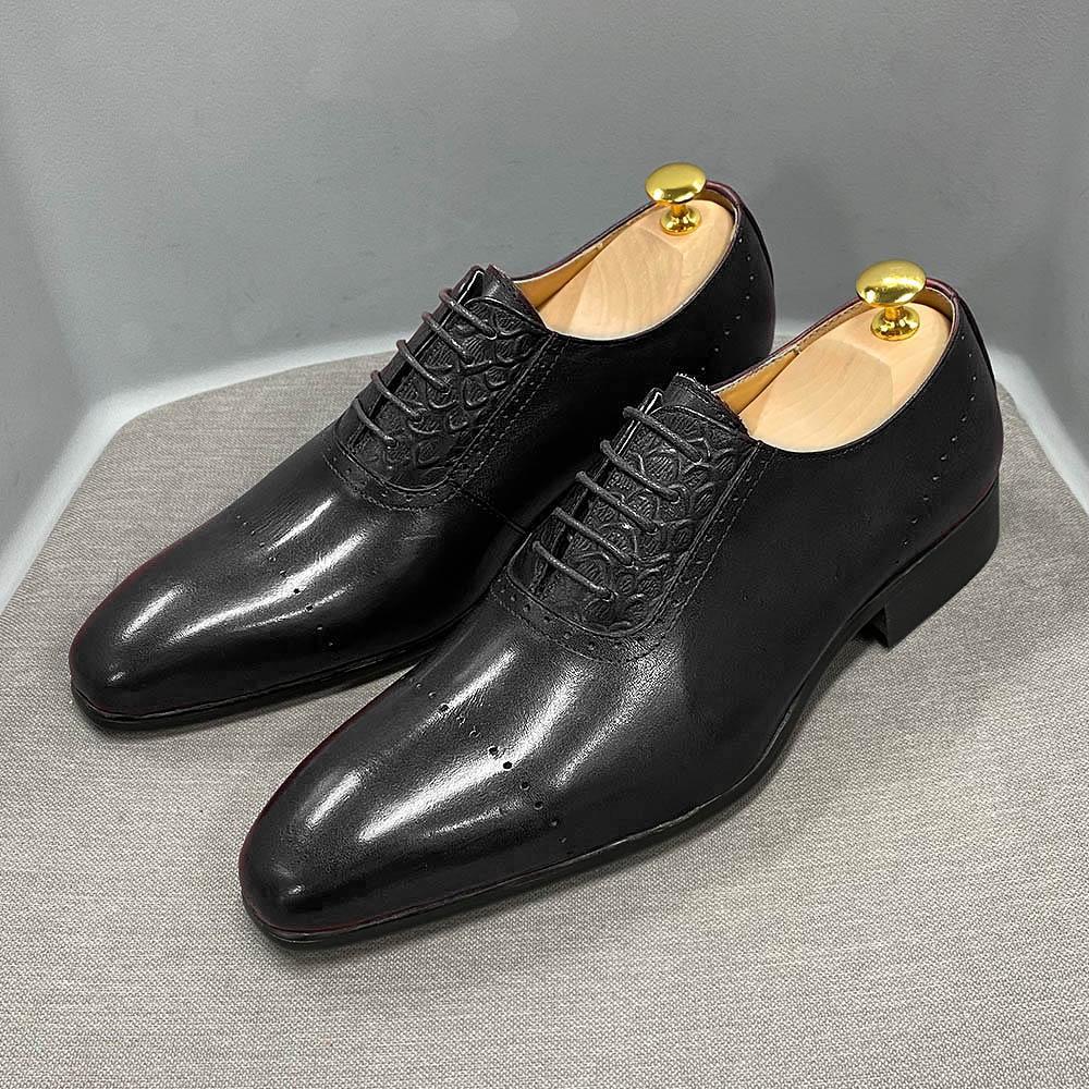 Luxury Brand Men Genuine Cow Leather Oxford Shoes Pointed Toe Red/Black Formal Dress Shoes Lace-Up Office Wedding Shoes for Men