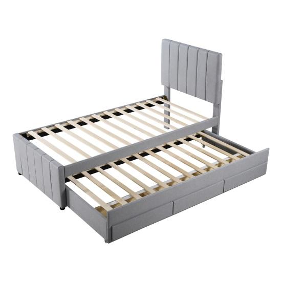 90x200cm Cotton Linen Fabric Storage Bed with Drawers Pull-out Bed Headboard Lines Design Strong Wood Slat Support Bed Home Furniture