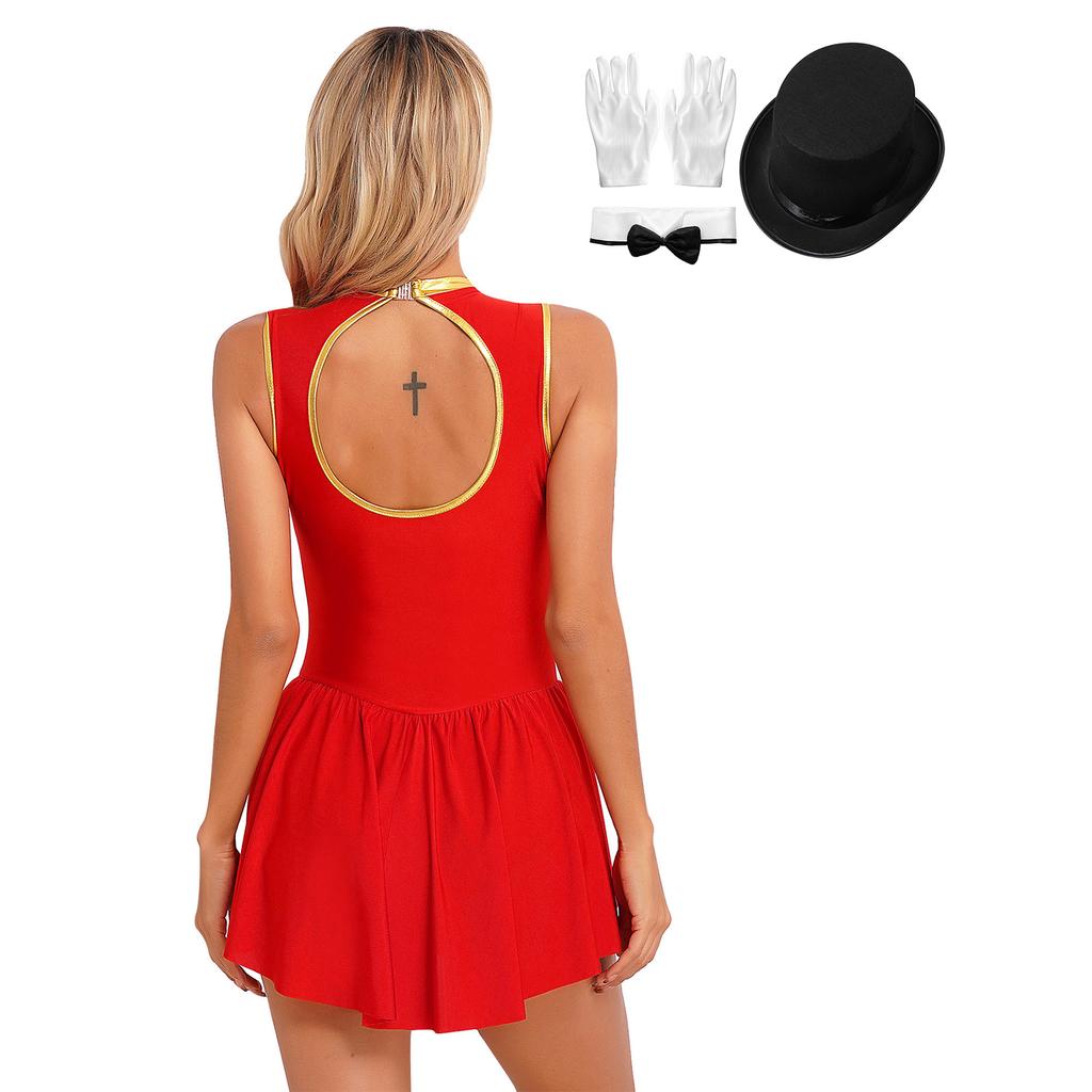 Womens Circus Ringmaster Costume Set Mock Neck Patchwork Bodysuit Complete Hat Bow Collar Gloves