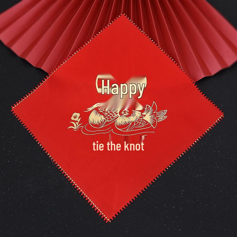 Red Wedding Handkerchief with Dragon, Phoenix, and Double Happiness Design