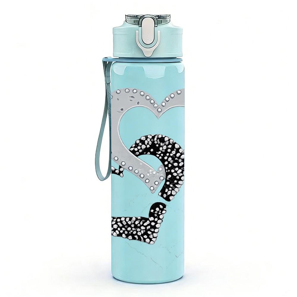 1PC Two Interlocking Metal Heart Print 750ml Color Plastic Sports Water Bottle Leakproof Flip Straw Lid Suitable for Sports Office Home Use