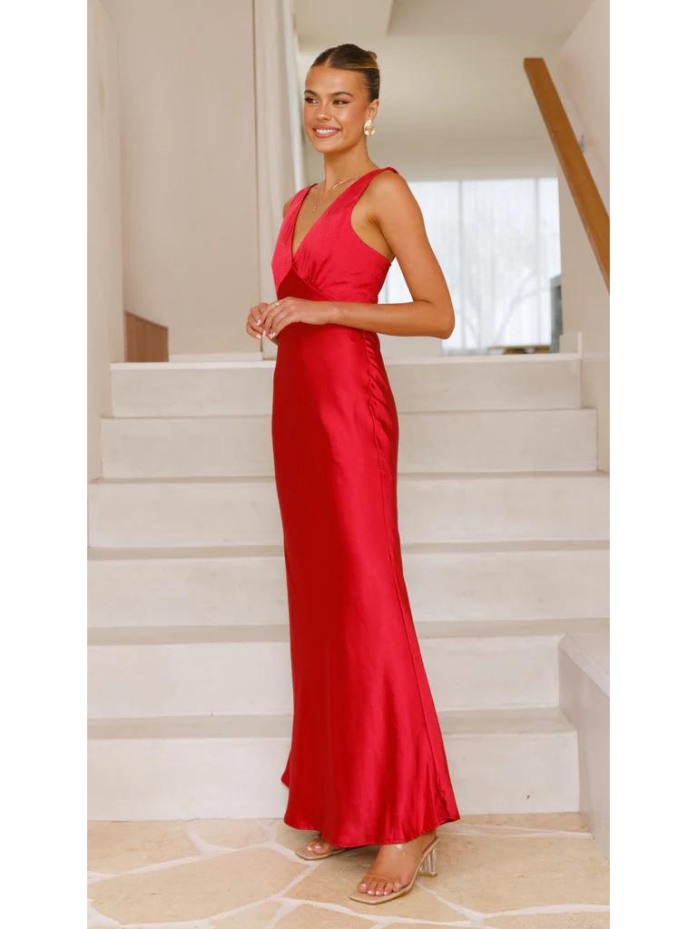 In Stock: 25th Anniversary V-Neck Slim Evening Dress - European & American Style, Solid Color