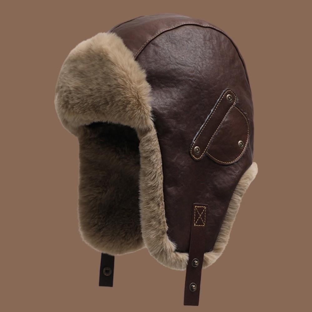Vintage Pu Leather Pilot Hat Thicked Ear Protection Hat Neutral Winter Ski Cap Cycling