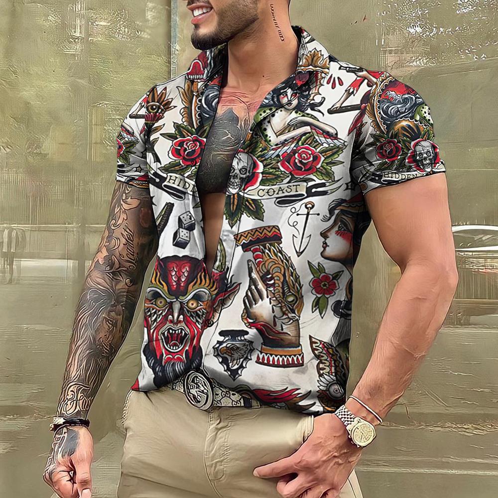 T-shirt con tatuaggio estivo Camicie hawaiane da uomo Marca Manica corta Top Magliette Camicetta casual da uomo Moda Camisas De Hombre Abbigliamento