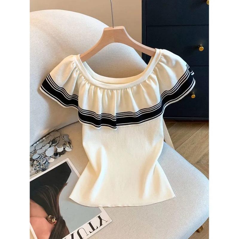Women Green Off Shoulder Ruffle Striped Knit Crop Top M