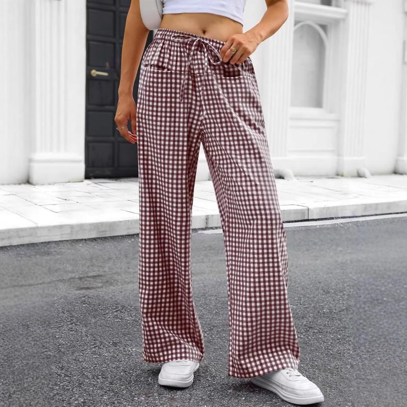 2026 Womens High Waisted Wide Leg Plaid Drawstring Loungewear Pants