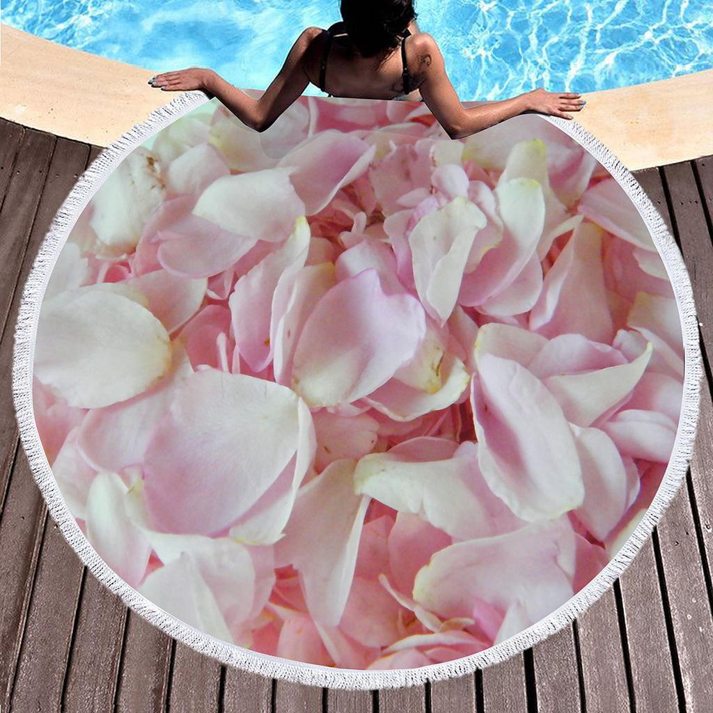 Floral Petal Print Round Beach Towel with Tassels Sand Free Quick Dry Circle Bath Towel Soft Absorbent Meditation Rug Yoga Mat
