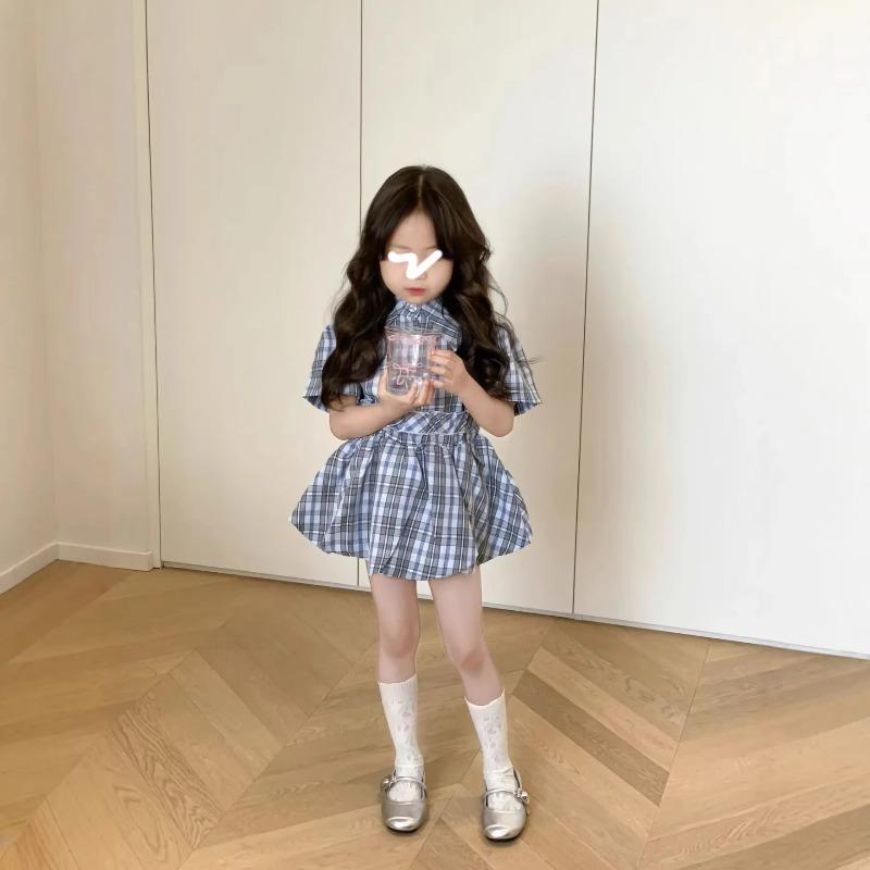 Children s Clothing Girl Summer Suit  Style Blue Grid Short Sleeved Shirt Casual Flower Bud Skirt 90cm