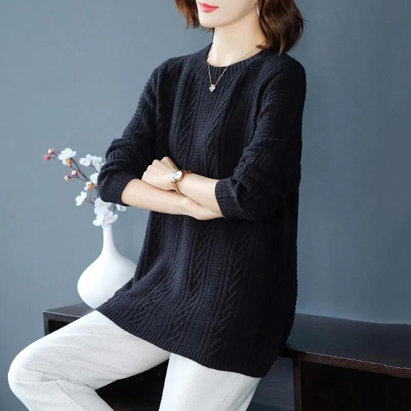 Women's Autumn Mid-length Loose Cable Knit Sweater, Large Size, Belly-covering Elegant Top