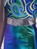 Women Disco Outfit Sleeveless Back Invisible Zipper Printed Bodice Side Slit Metallic Dress with Neckerchief for Halloween Cosplay Theme Party