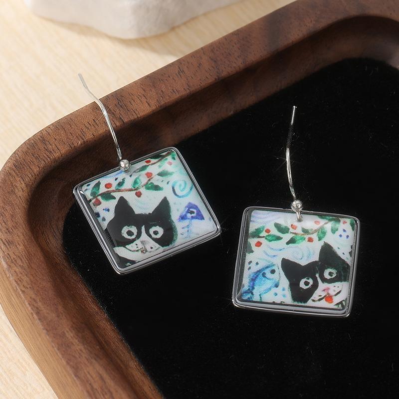 Cute Cat Enamel Square Dangle Drop Earrings For Women Simple Lovely Animal Earrings Daily Casual Commute Jewelry Idea Gifts