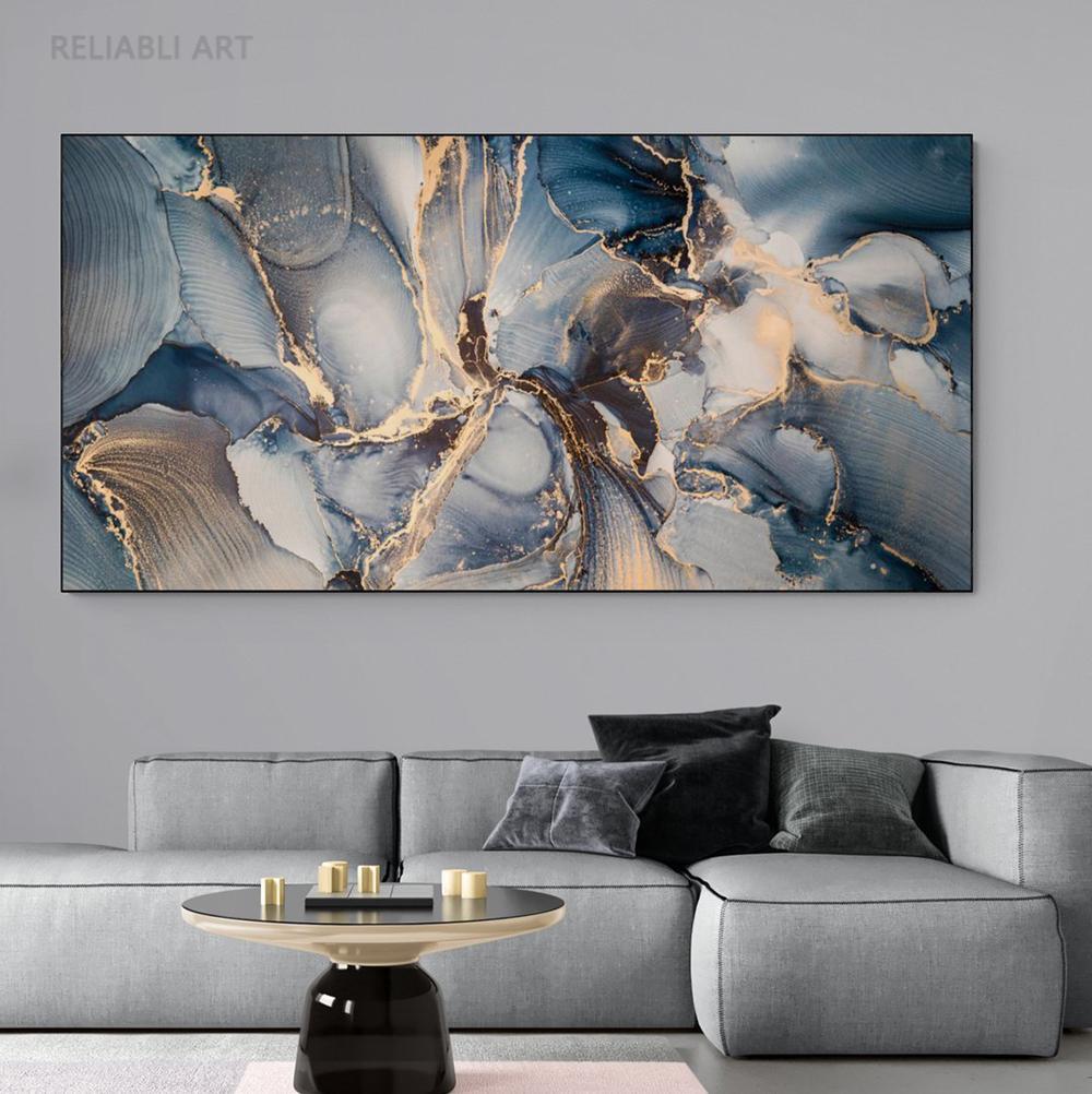 Abstract Dark Gray Blue and Gold Fluid Art Canvas Painting Luxury Gold Foil Posters and Prints for Living Room Decor Cuadros