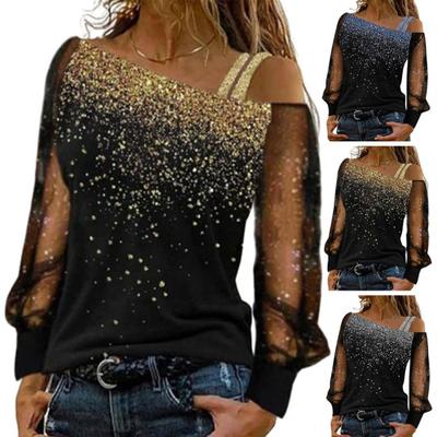 Women Spring Fall Top One Shoulder Oblique Neck Shiny Sequin See-through Mesh Long Sleeve Patchwork Loose Soft Casual Elegant Commute T-shirt Blouse