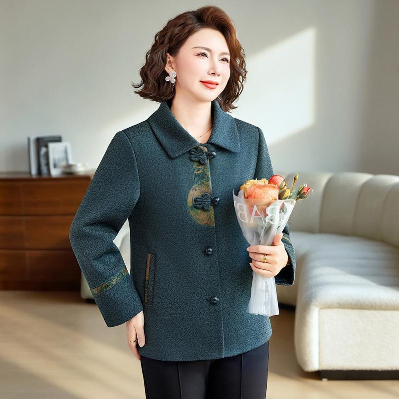Spring Arrival: Chinese Style Embroidered Woolen Coat for Middle-Aged & Elderly Women - Loose, Stylish Cardigan