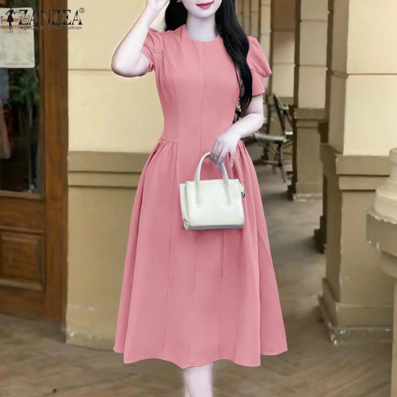 

ZANZEA Жіноча повсякденна однотонна сукня з круглим вирізом і короткими рукавами 5XL рожевий