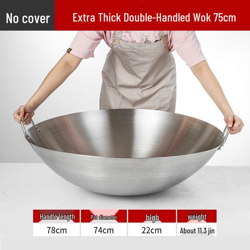Extra Thick Stainless Steel Double Ear Wok - Large Round Bottom Pot for Commercial Kitchens, Gas Stove Compatible