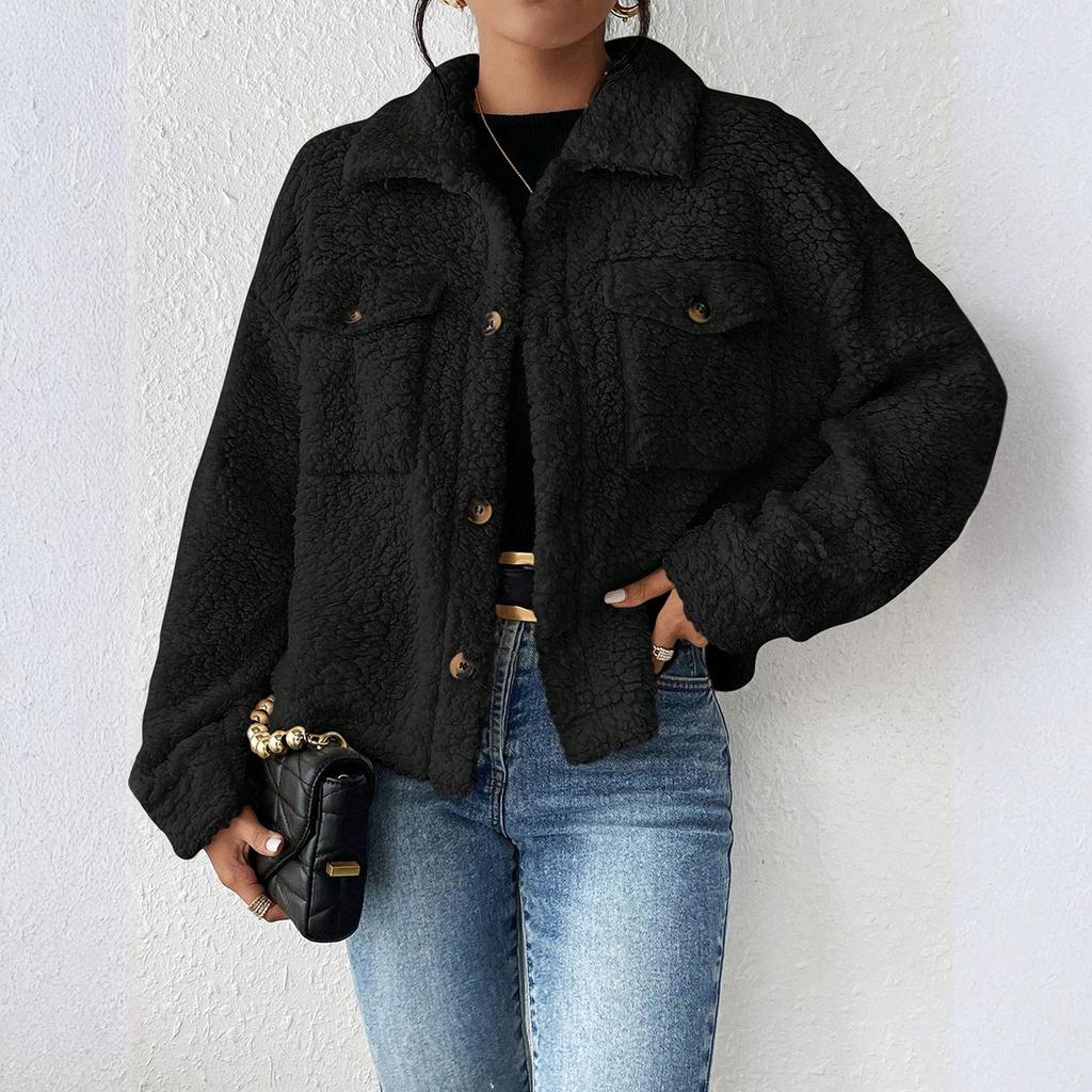 Women's Fashionable Solid Color Long Sleeved Lapel Pocket Plush Short Casual Jacket Jacket