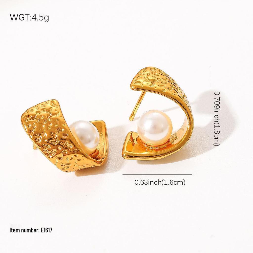 French Minimalist Stainless Steel Pearl Stud Earrings for Women