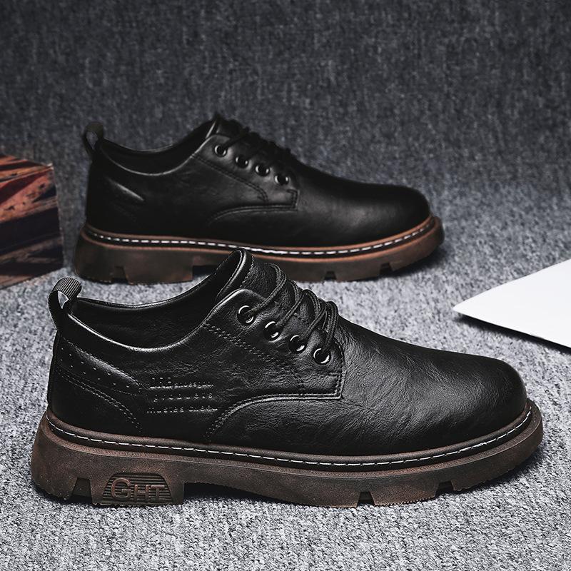 Black big head leather shoes winter business dress British style small leather shoes soft sole casual shoes autumn and winter