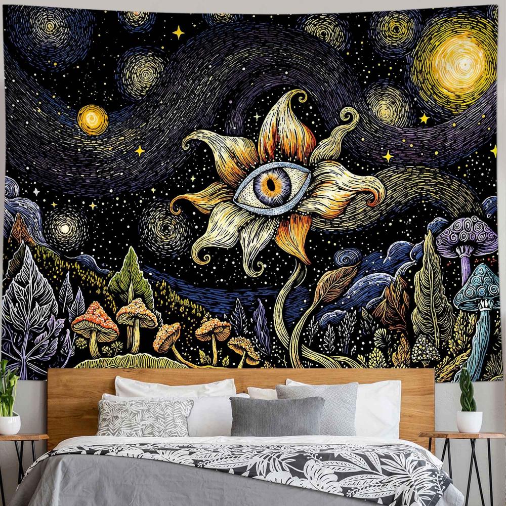 

VIKAMA Tapestry Cosmic Flower Tapestries Mushroom Landscape Wall Hanging Starry Night Visionary Botanical Art Decor Bedroom 74x94cm(29x37in)