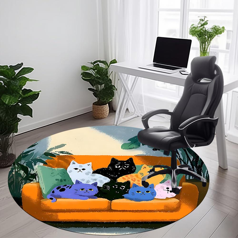 1PC Cat Family Office Round Area Rug,  Mat Suitable ForOffice, Under Office Chairs Bedroom Living Room Home Decor, Room Deco