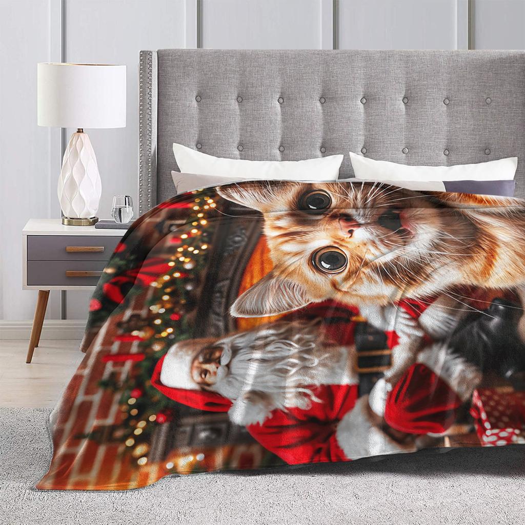 Cat Selfie with Santa Warm Soft Blanket  Kids Adult Plush Throw Blanket Fashion Couch Chair Flannel Bedspread Sofa Bed Cover