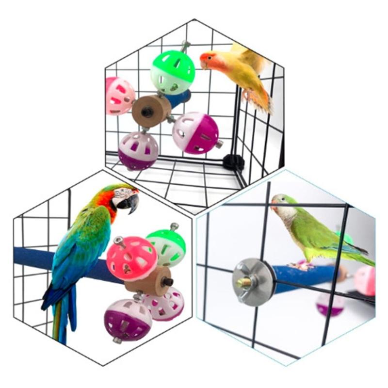 Wood Bird Perch Stand With Rotating Bells Balls Cage Exercise Toy For Conures Parrotlets Cage Entertainment Activity Toy