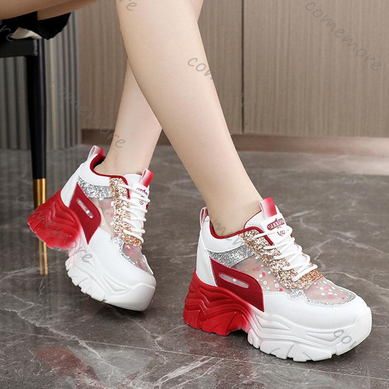 Fashion Comemore Women Platform Sneakers Inner Height Increase Female Breathable Mesh Sport Shoe Casual Lace Up Outdoor Zapatillas Mujer